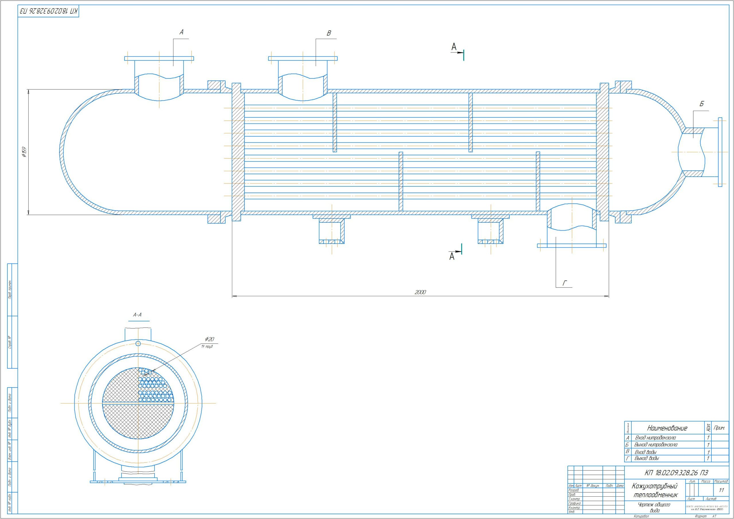 Чертеж Расчет кожухотрубного теплообменника для охлаждения нитробензола. Производительность 175 т/сутки.