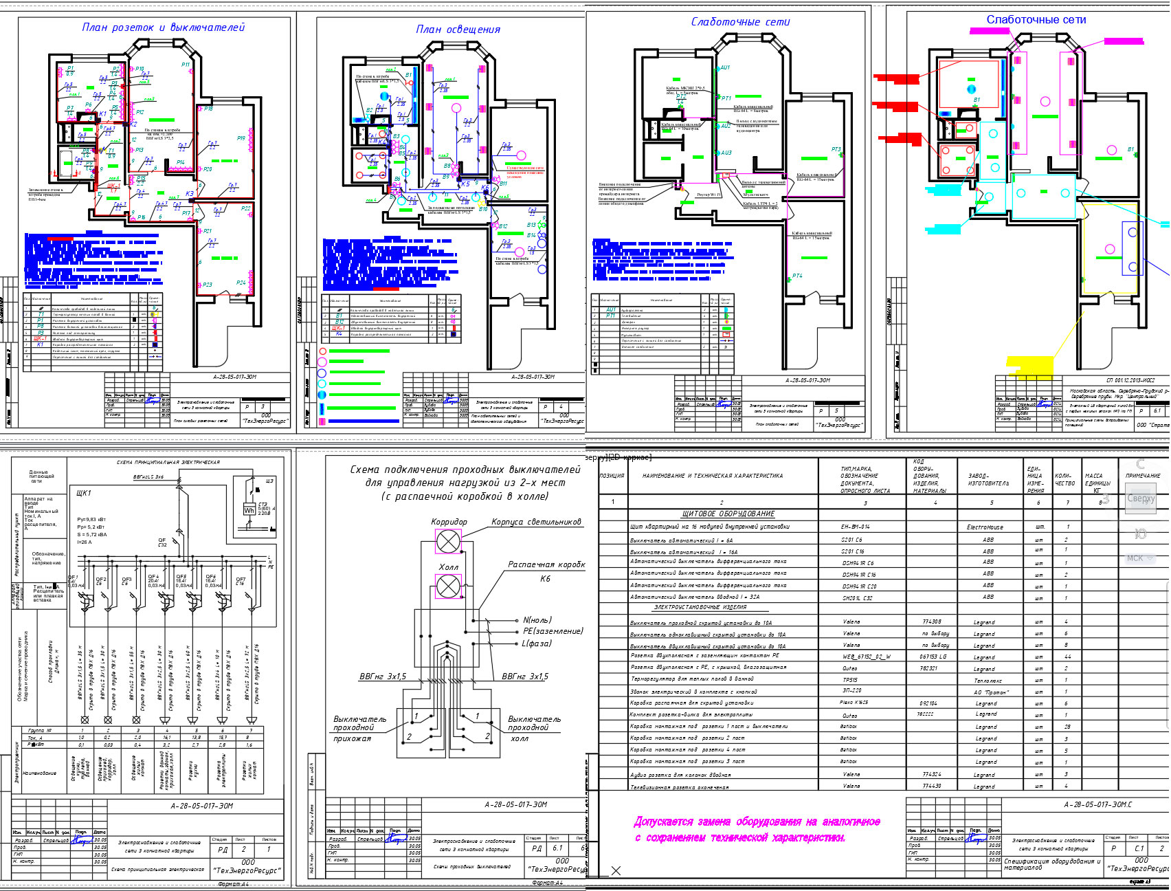 Чертеж Электроснабжение и электроосвещение трехкомнатной квартиры, сети связи