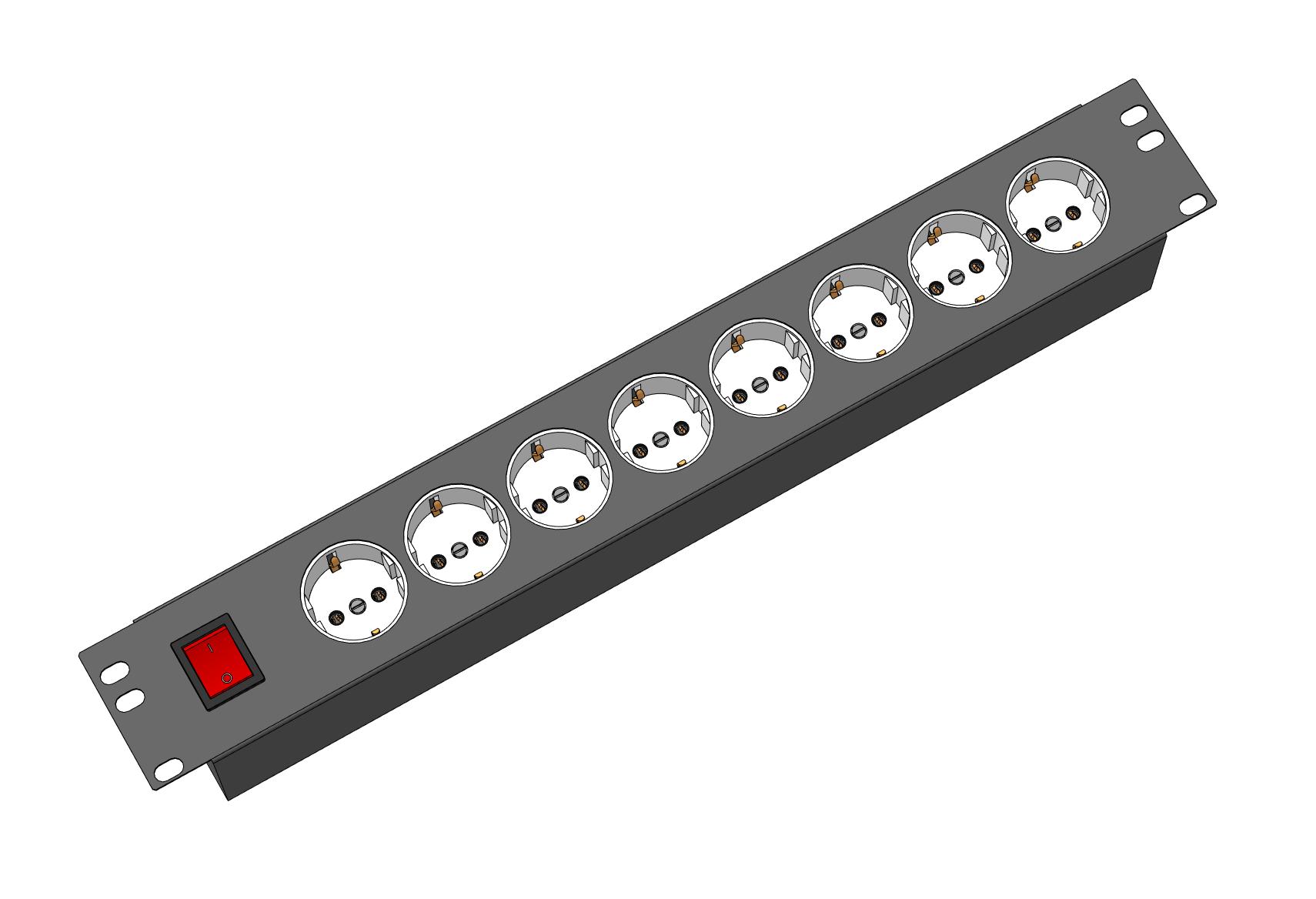 3D модель Блок силовых розеток горизонтальный, 8 позиций 1U, серый REC-S564