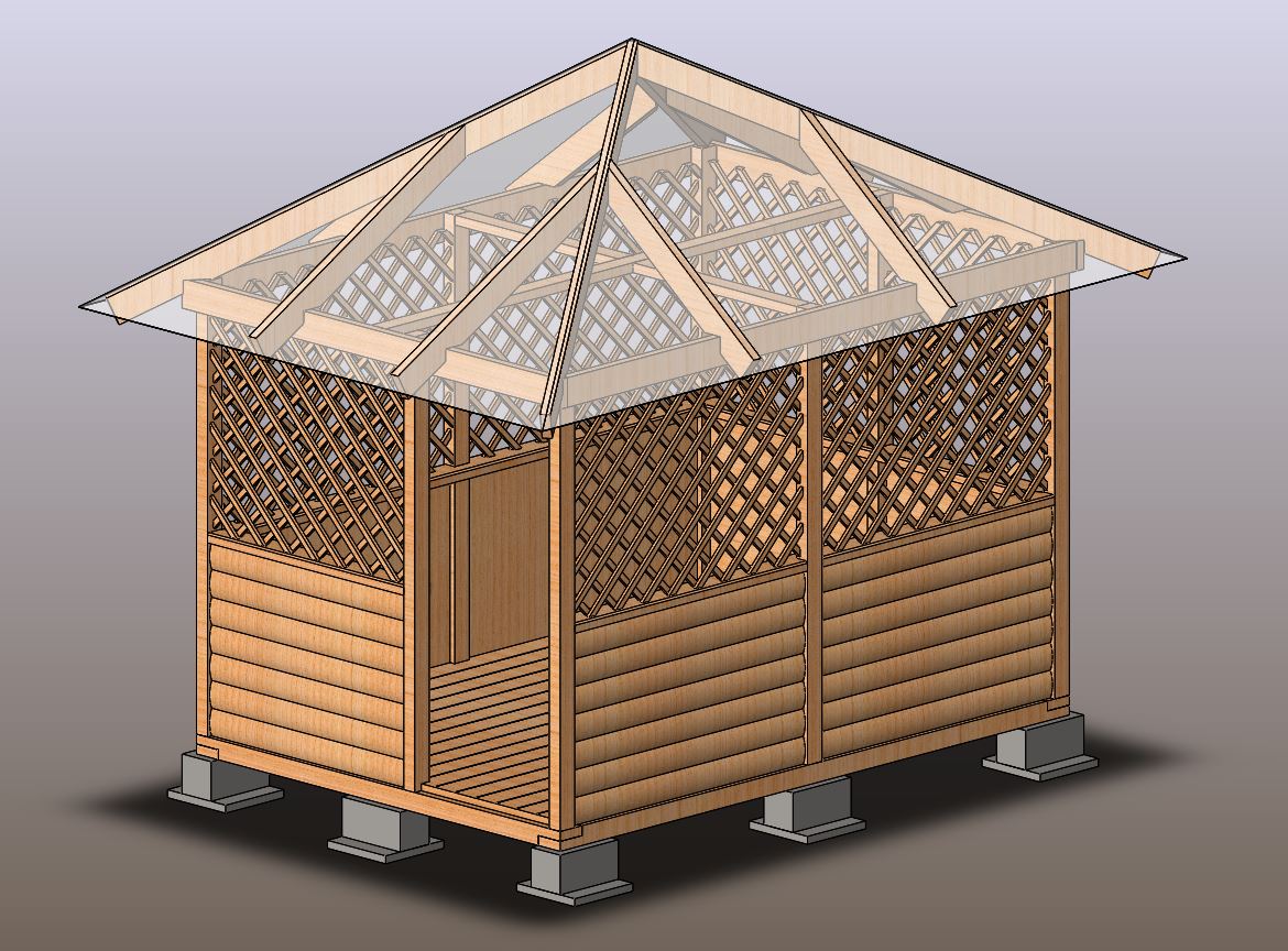 3D модель Беседка садовая 2,5х3,5 м с четырёхскатной шатровой крышей