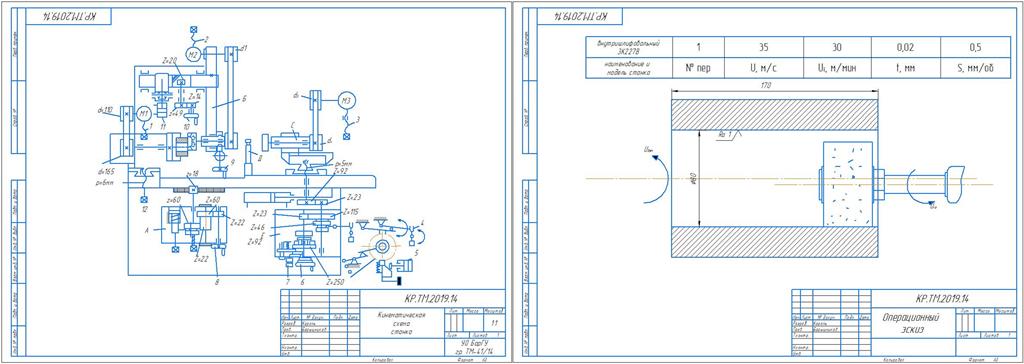 Чертеж Кинематический анализ привода главного движения и движения подач универсального внутришлифовального станка модели 3К227В