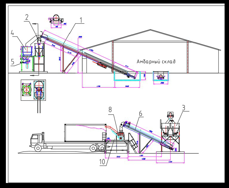 Чертеж Схема погрузки зерна из амбарного склада в морские контейнеры