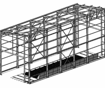 3D модель Комплекс приёмки, очистки и сушки зерна. Автоприем (5х4м) в один проезд . Металлоконструкции-3D. 17х6,5м.