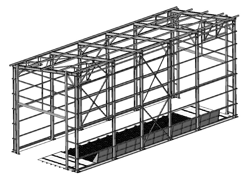 3D модель Комплекс приёмки, очистки и сушки зерна. Автоприем (5х4м) в один проезд . Металлоконструкции-3D. 17х6,5м.