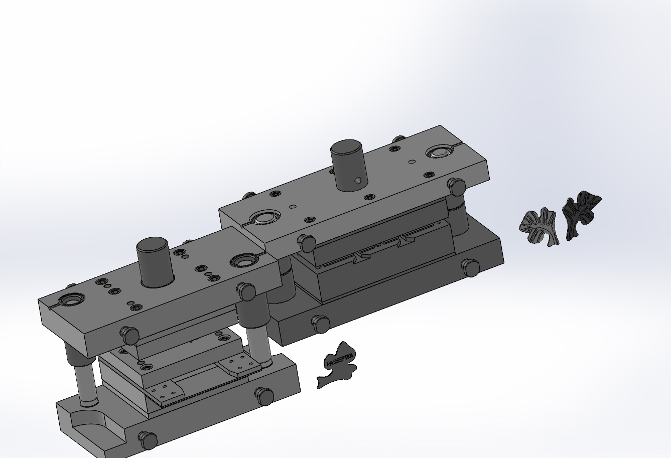 3D модель Комплект штампов для вырубки и формовки детали листок с рабочими чертежами и историей построений