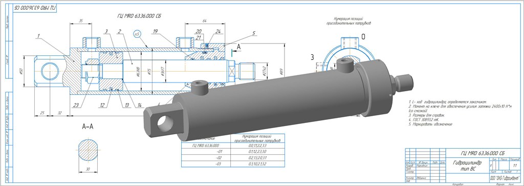 3D модель Гидроцилиндр 60/36, ход от 100 до 1500мм. Pном. 21 МПа.