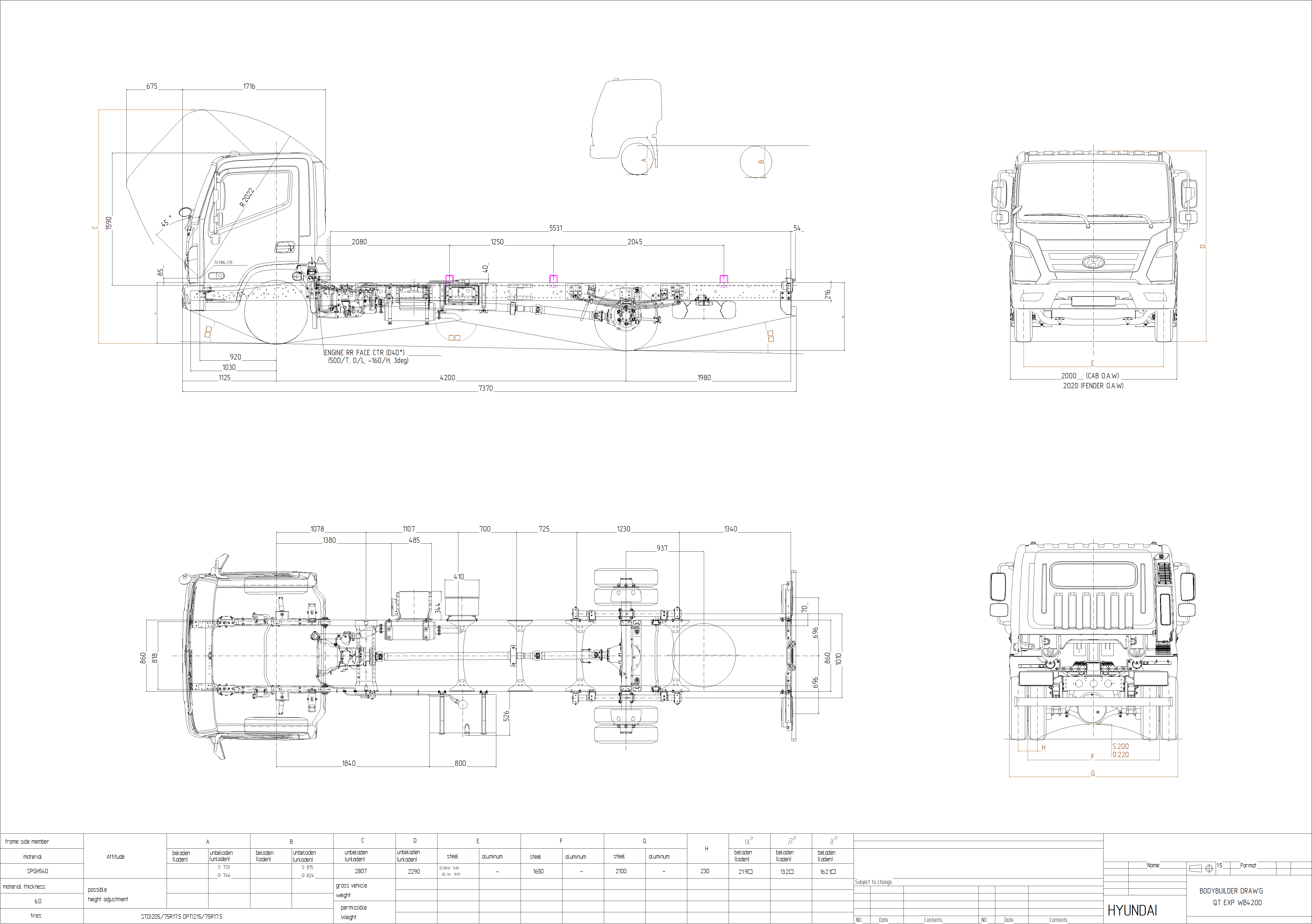 Чертеж Габаритный чертеж шасси Hyundai Mighty EX9 колесная база 4200