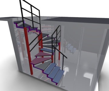 3D модель Лестница с забежными ступенями на второй этаж. 2 поворота на 180 градусов