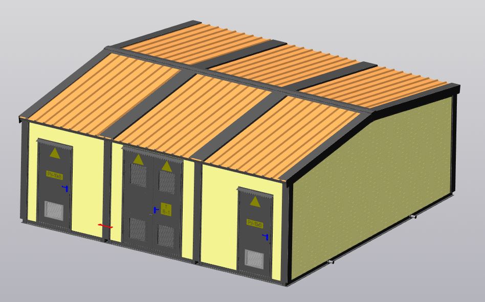 3D модель Блочно-модульное здание электрической подстанции 2КТПНу 2500 из сэндвич-панелей. Габаритные размеры 7600х7650 h=3390мм.