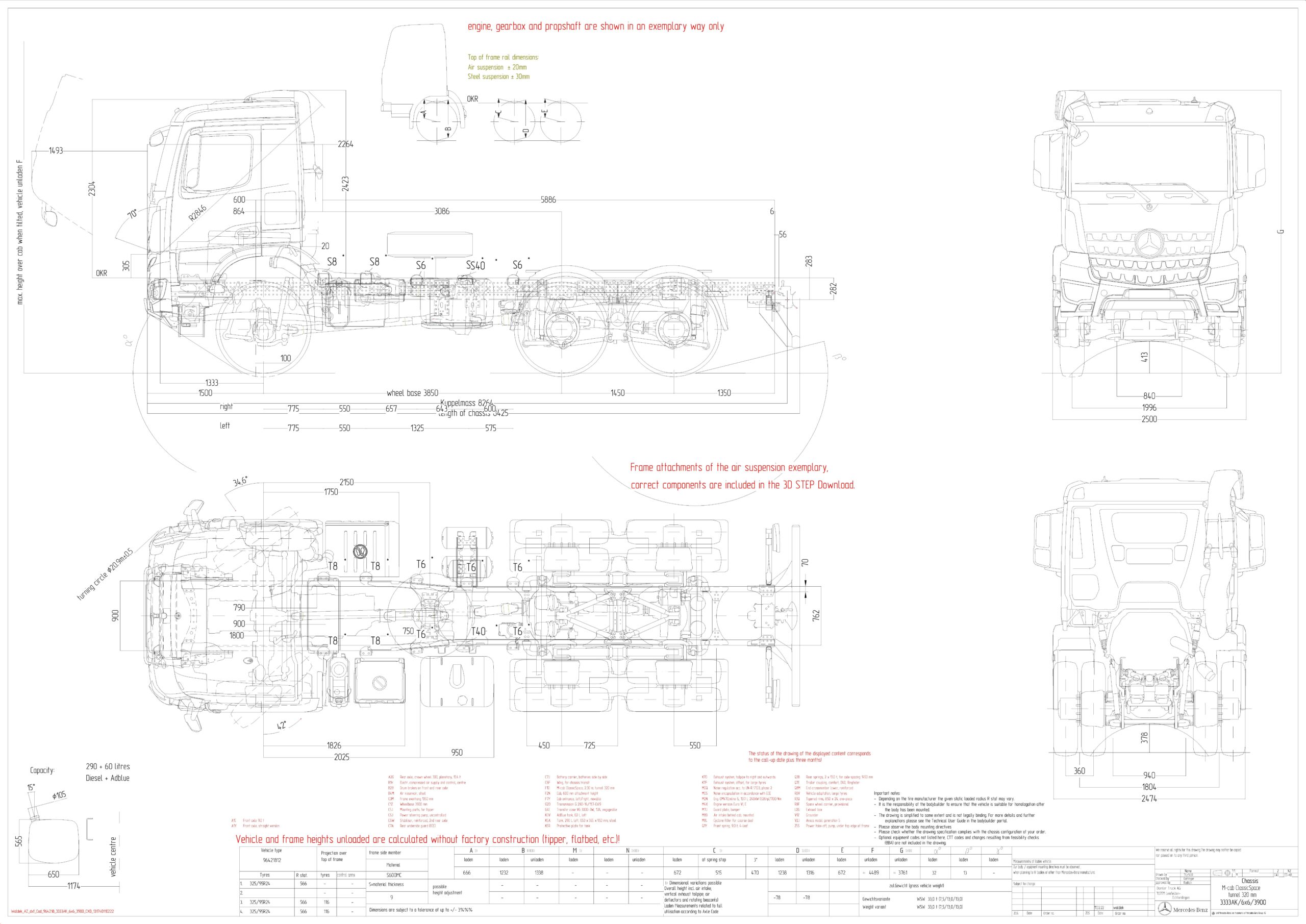 Чертеж Габаритный чертеж Mercedes Benz Arocs 5 3333AK 6х6 3900