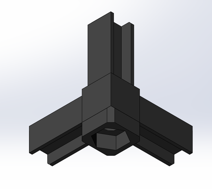 3D модель Коннектор для квадратного профиля (тройник) с внешними размерами 15х15мм, внутренними 12х12мм и опорой под гайку М5