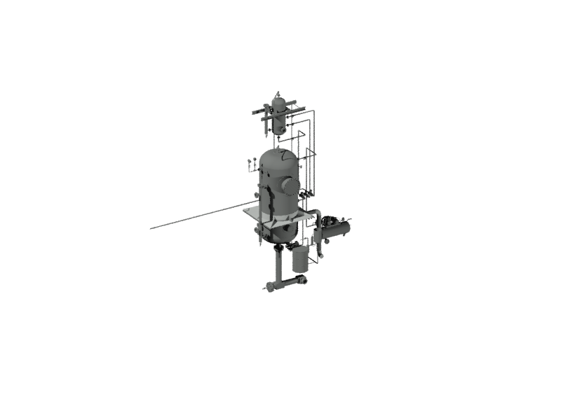 3D модель Бак питательный V=6м3, Ру16, эмульсионная установка V=0.3м3 Ру16, с компрессором, насосом, эл.магнитными клапанами