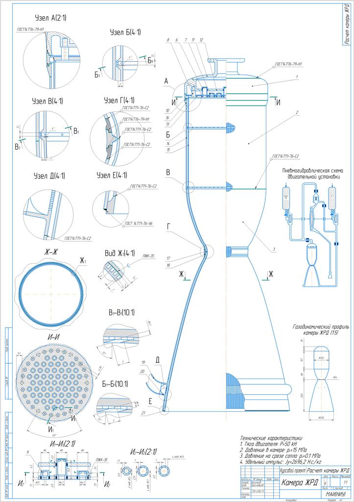 Чертеж Расчет камеры жидкостного ракетного двигателя (Тяга двигателя: P = 50 кН)