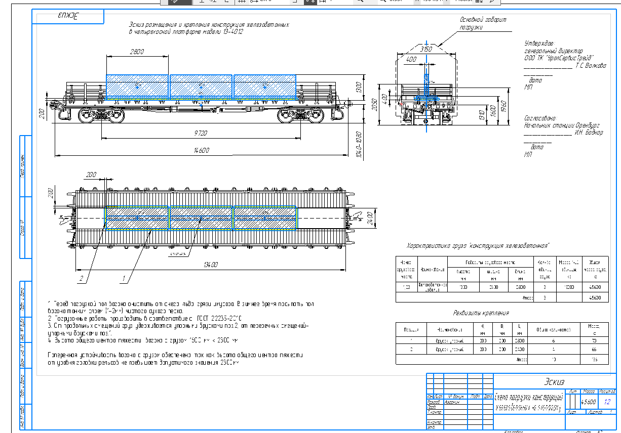 Чертеж Эскиз размещения и крепления конструкция железобетонных в четырехосной платформе модели 13-4012