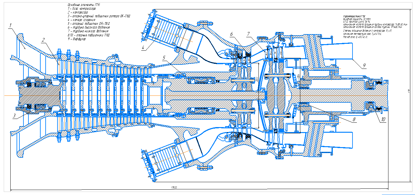 Чертеж Продольный разрез турбины ГТК-32