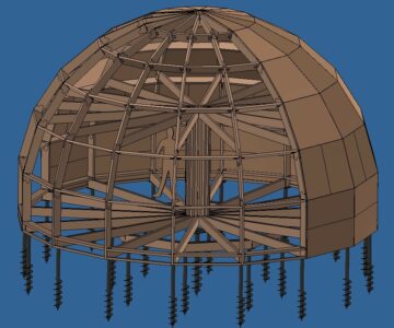 3D модель Модель стратодезического купола 8м , деревянный каркас на нагелях , обшивка осб
