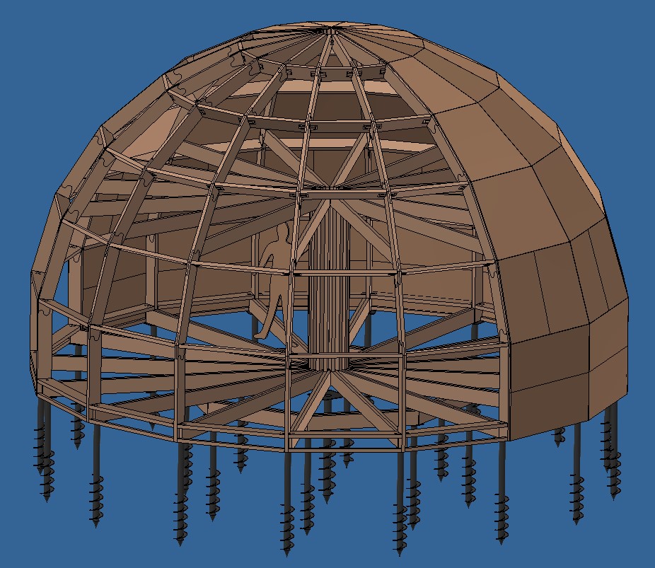 3D модель Модель стратодезического купола 8м , деревянный каркас на нагелях , обшивка осб