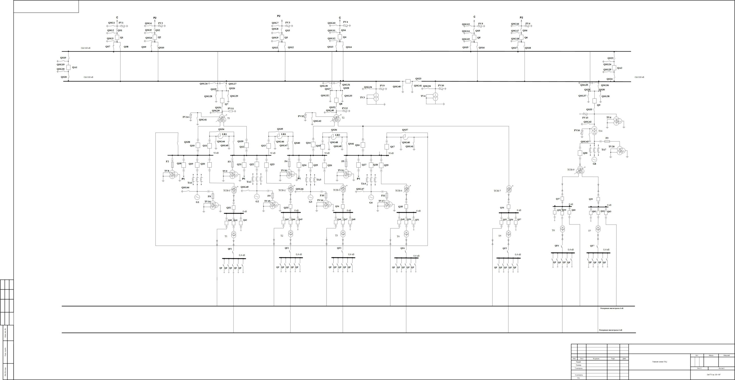 Чертеж Компоновка и расчет главной электрической схемы ТЭЦ
