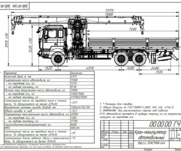 Чертеж Габаритный чертеж на бортовой автомобиль SHACMAN 6х4 4975 с КМУ (БОРТ 7200.730)