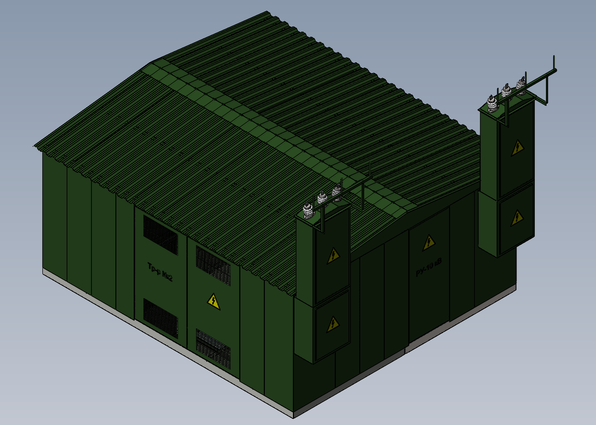 3D модель Корпус двухтрансформаторной подстанции с боковыми воздушными вводами 2КТП-1000-В/К-10/0,4
