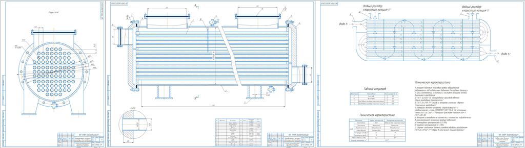Чертеж Тепловой и конструктивный расчет трехходового кожухотрубного охладителя воды с перекрестным движением теплоносителей