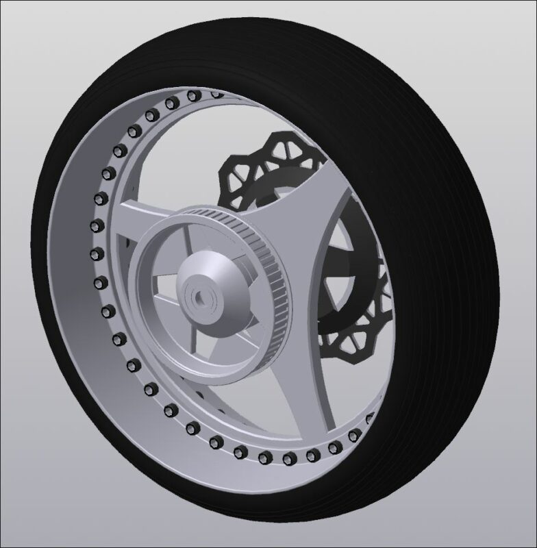 3D модель Колесо заднее составное для мотоцикла с ведущим шкивом и тормозным диском