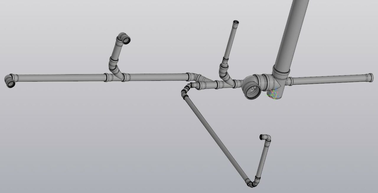 3D модель Канализация в сборе (трубы(d110, d50, d40, d32, уголки(90,45,30 градусов), тройник)