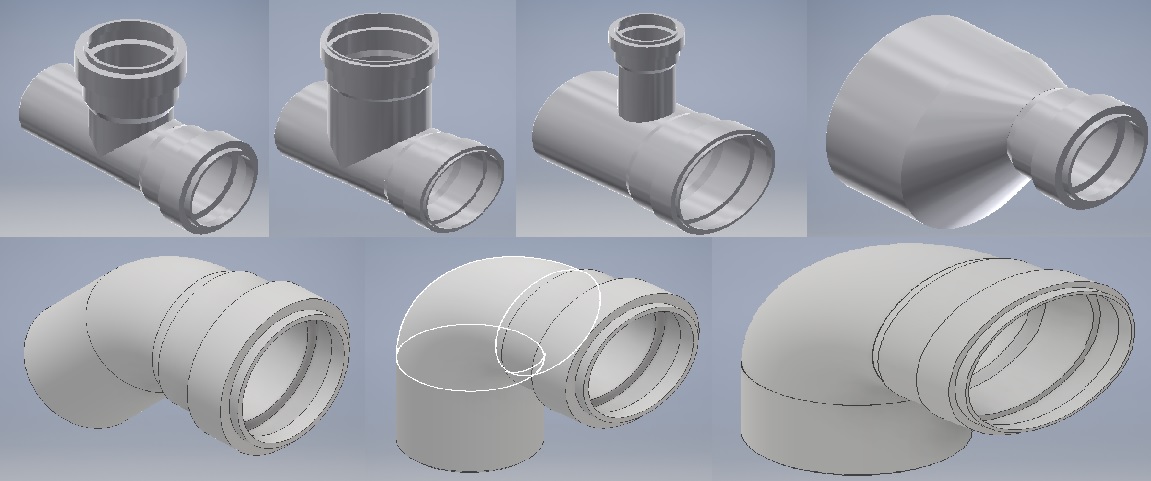 3D модель Фитинги канализационные  (тройник с раструбом, отвод с раструбом, переход с раструбом)