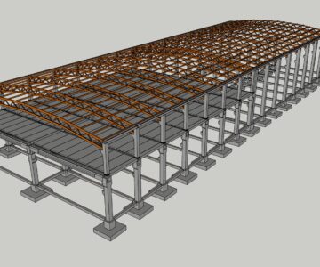 3D модель ЖБИ цех базовая конструкция из колонн и металлических ферм