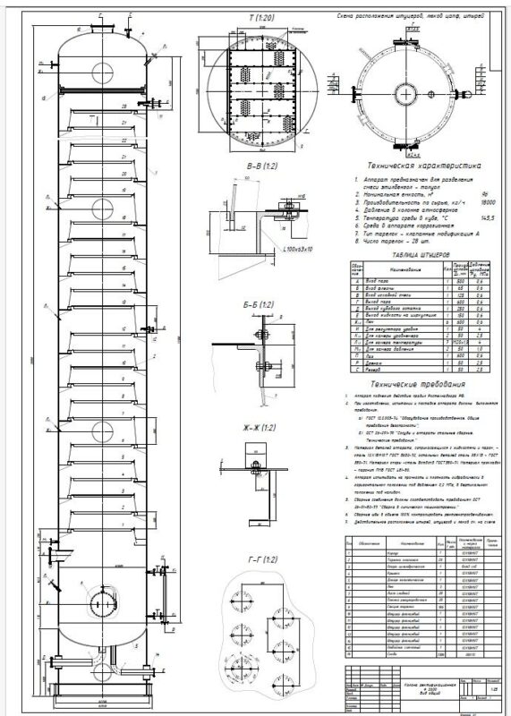 Чертеж Расчёт ректификационной колонны для  разделения бинарной смеси   толуола и этилбензола  производительностью 18000 кг/ч