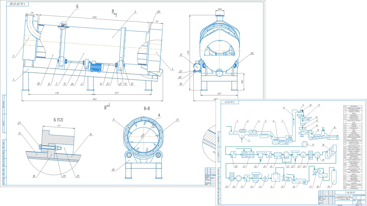 Чертеж Барабанная сушильная установка для сушки сахара-песка производительностью 1200 кг/ч