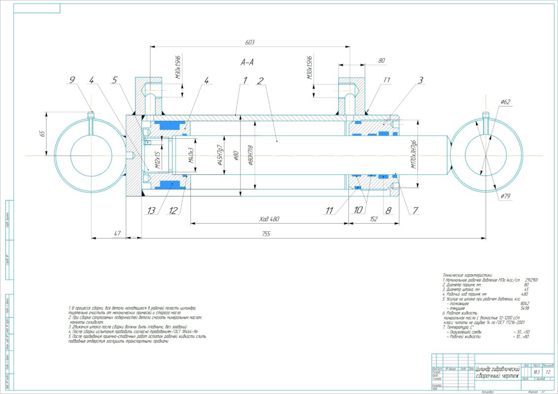 Чертеж Гидравлический цилиндр сборочный чертеж