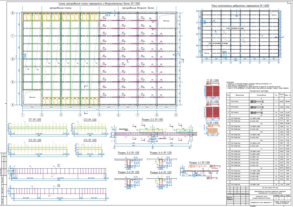 Чертеж Проектирование монолитного ребристого перекрытия многоэтажного здания