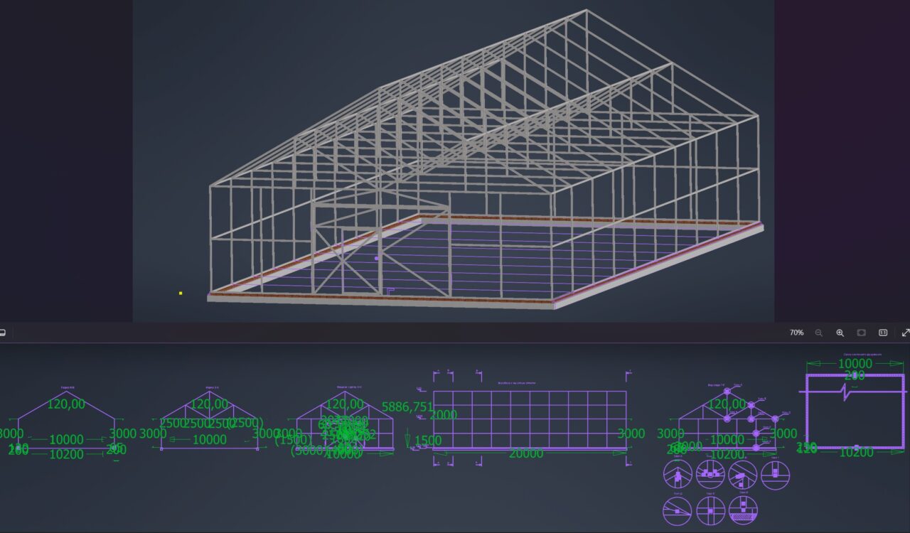 3D модель Проект теплицы из металлической трубы 60х2 шириной 10м, c 3d моделью.