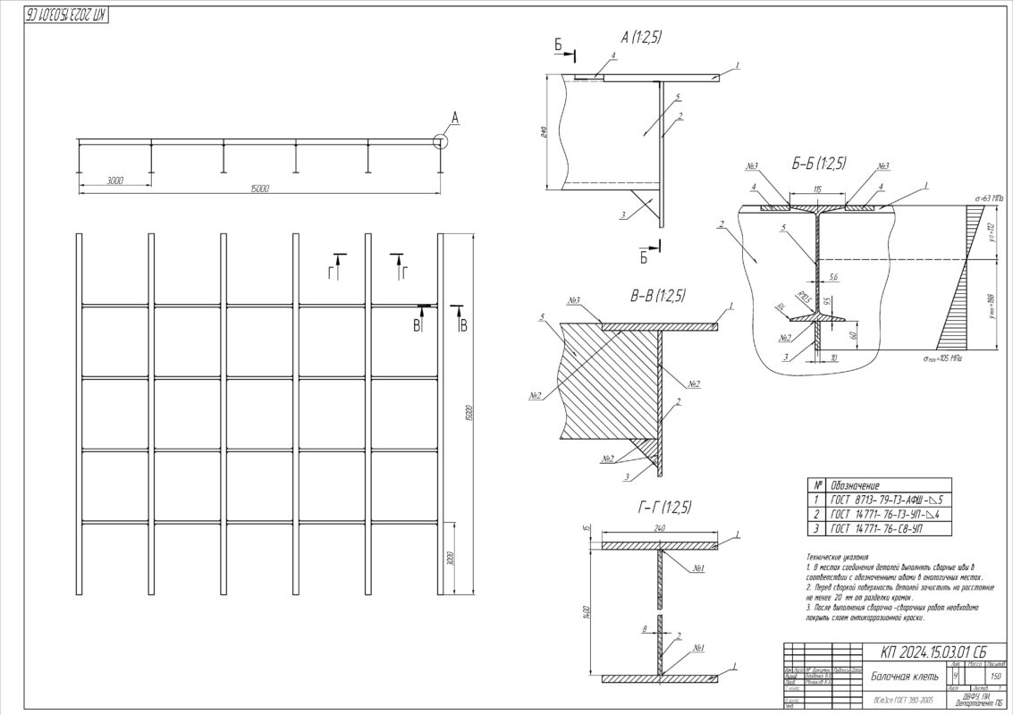 Чертеж Проектирование сварной балочной клети из стали ВСт3сп, габариты L=15 м, количество пролетов n=5, равномерная постоянная нагрузка 0,5 т/м, переменная нагрузка 4 т/м