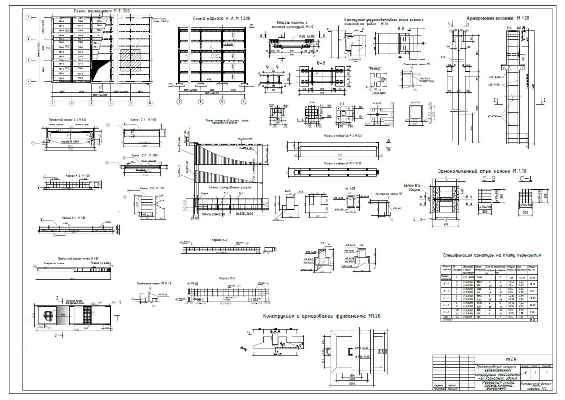 Чертеж Курсовой проект: Проектирование несущих железобетонных конструкций многоэтажного каркасного здания из сборного железобетона