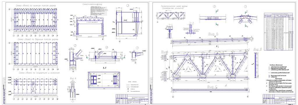 Чертеж Проектирование стального каркаса одноэтажного промышленного здания (Пролёт здания  L = 30 м, Шаг колонн В = 6,2 м)