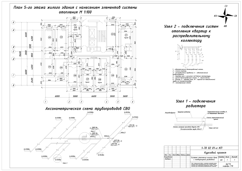 Чертеж Система водяного отопления жилого дома с поквартирной разводкой (курсовой)