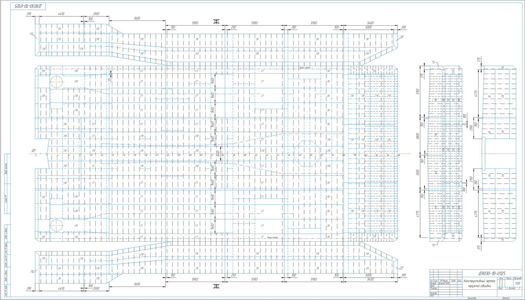 Чертеж Конструктивный чертеж наружной обшивки плавучего крана пр. Д9030