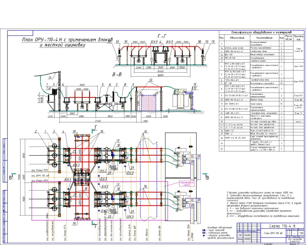 Чертеж План ОРУ 110 кВ по схеме 110-4 Н