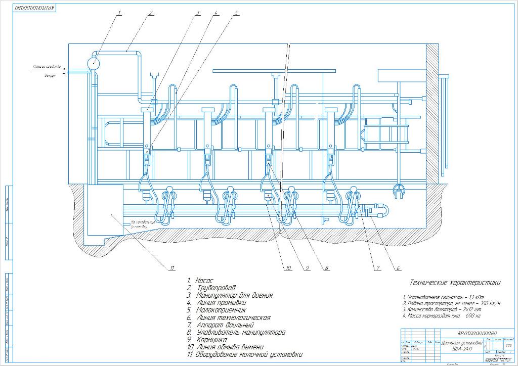 Чертеж Комплексная механизация молочно-товарной фермы на 700 голов крупного рогатого скота с усовершенствованием установки УДА-24П.