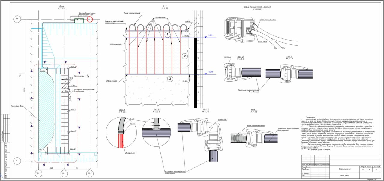Чертеж Устройство понижения уровня грунтовых вод в котловане при помощи системы водопонижения иглофильтрами