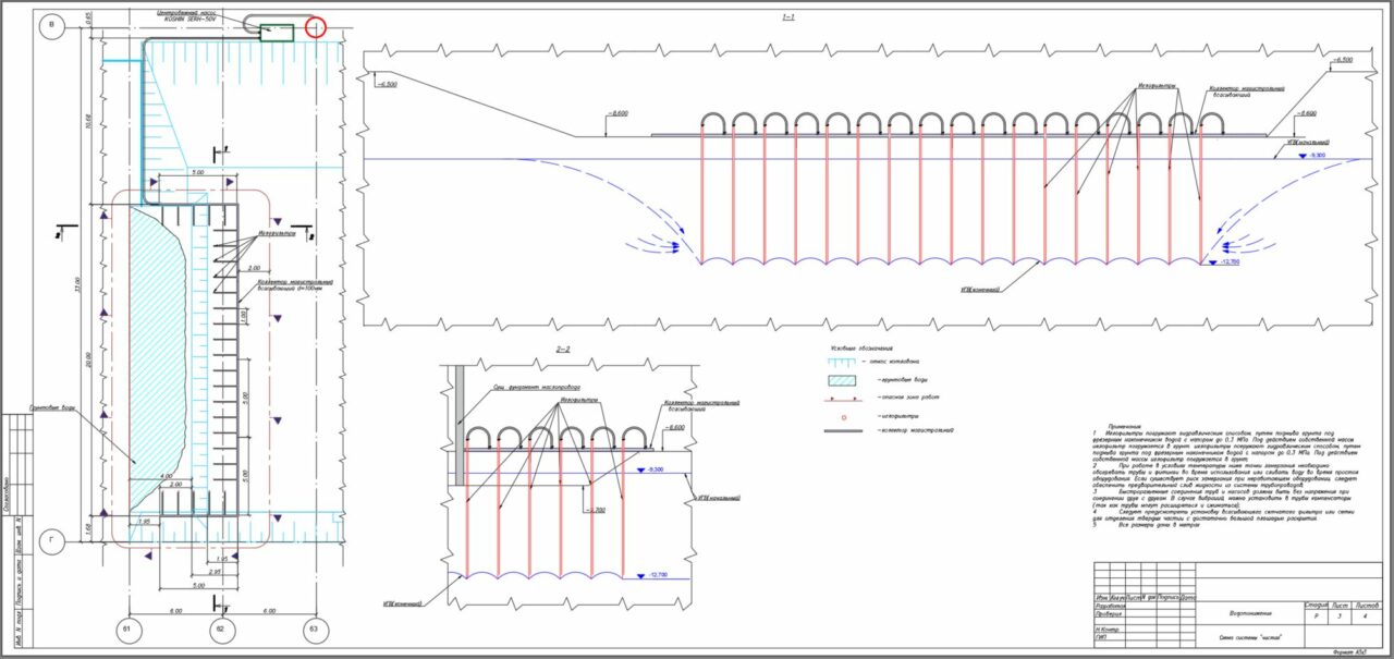 Чертеж Устройство понижения уровня грунтовых вод в котловане при помощи системы водопонижения иглофильтрами