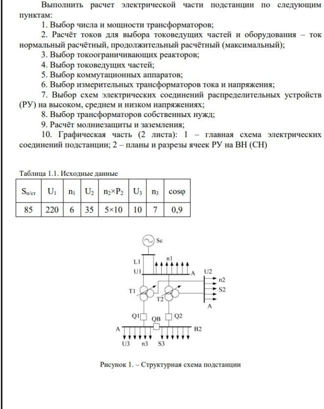 Чертеж Проект электрической части подстанции мощностью 85 МВА