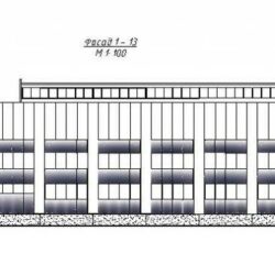 Промышленное здание (чертежи плана здания, главного фасада и др)