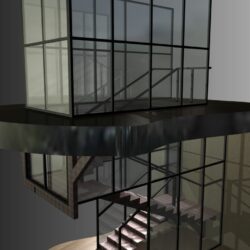 Лестница на одном косоуре(ржавая) с перегородками из стекла