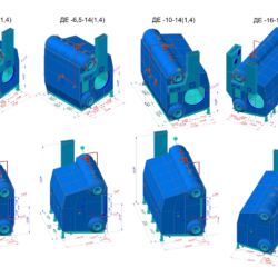 Габаритные 3D модели модельного ряда котлов серии ДЕ адаптированных под твердотопливные горелки паропроизводительностью от 4 до 16 тонн пара в час. Производства Бийского (РФ) и Монастырищенского (Украина) котельных заводов.