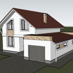 3D модель одноэтажного дома с мансардой и гаражом.